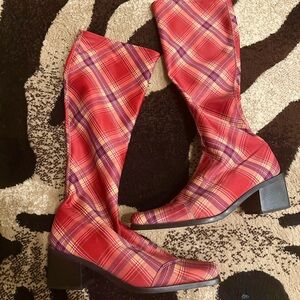 American Vintage Red Plaid Over the Knee Boots